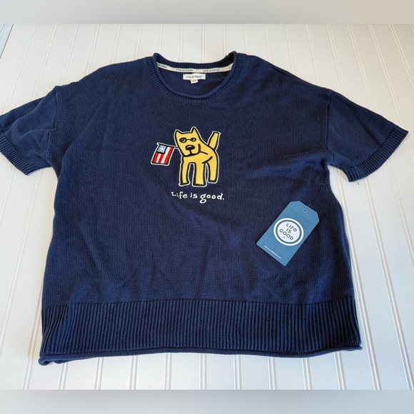Life Is Good Womens Navy Blue Dog Flag Sweater Short Sleeve Large NEW 1034 - Picture 1 of 4